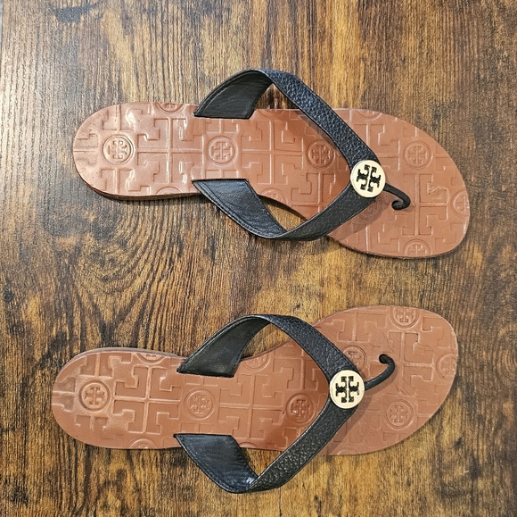 Tory Burch Black Leather With Logo Flip Flops with Tan Footbed Size-7 main image 2